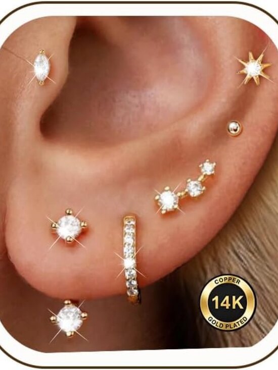 Jewelry - 6 Pairs 14K Gold Plated Stud Earrings for Women, CZ Cartilage Stack Set